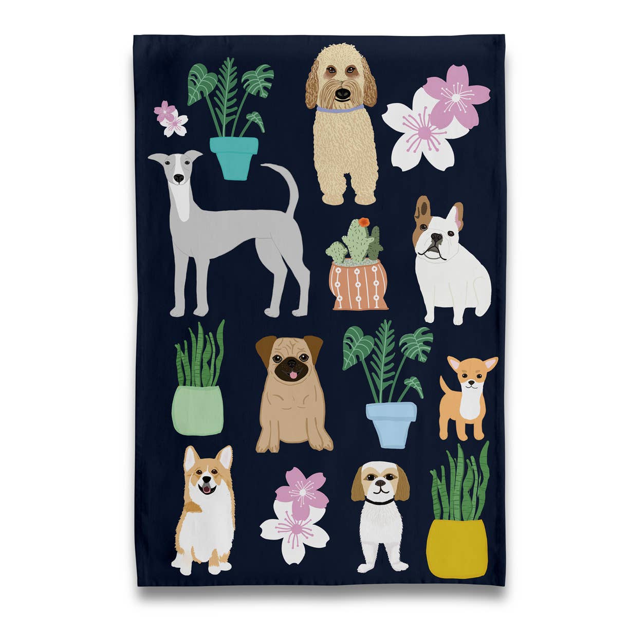 Dogs with Plants Tea Towel