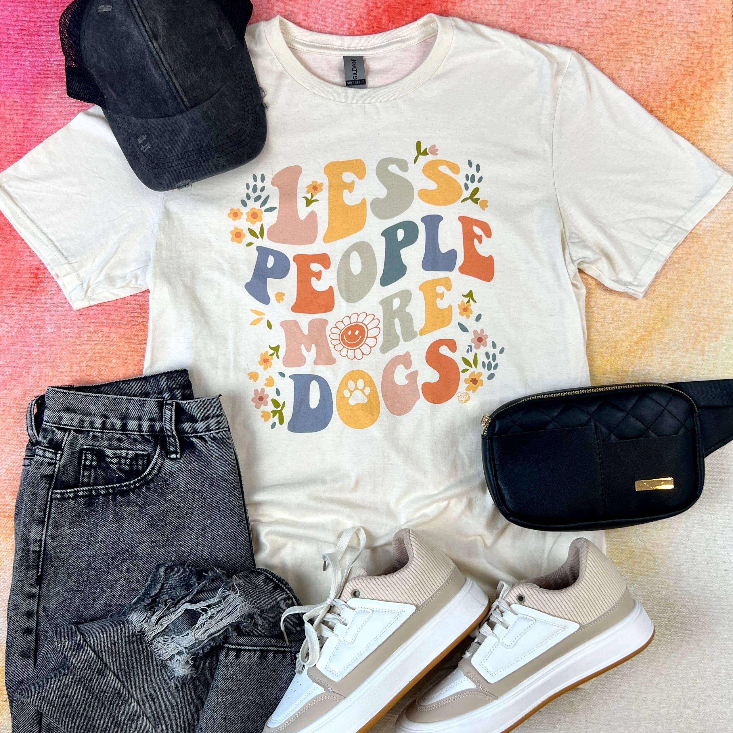 Less People More Dogs Retro Floral Tee